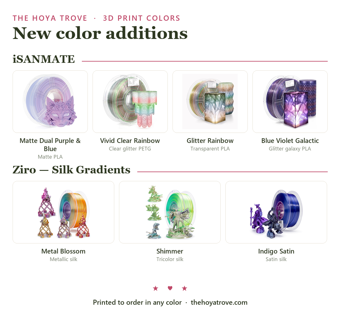 The Hoya Trove filament color options