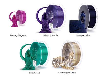 The Hoya Trove PLA filament color options - Dreamy Magenta, Electric Purple, Deepsea Blue, Lake Green, Champagne Sheen