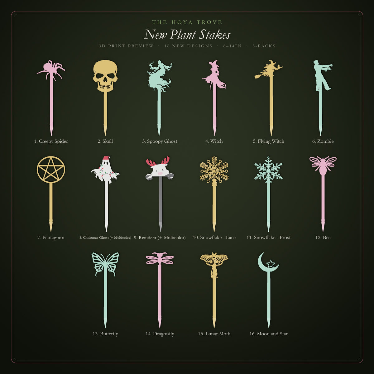 New Plant Stakes - 3D print preview of all 16 new designs, numbered like the Design menu; Christmas Ghost and Reindeer shown in Multicolor