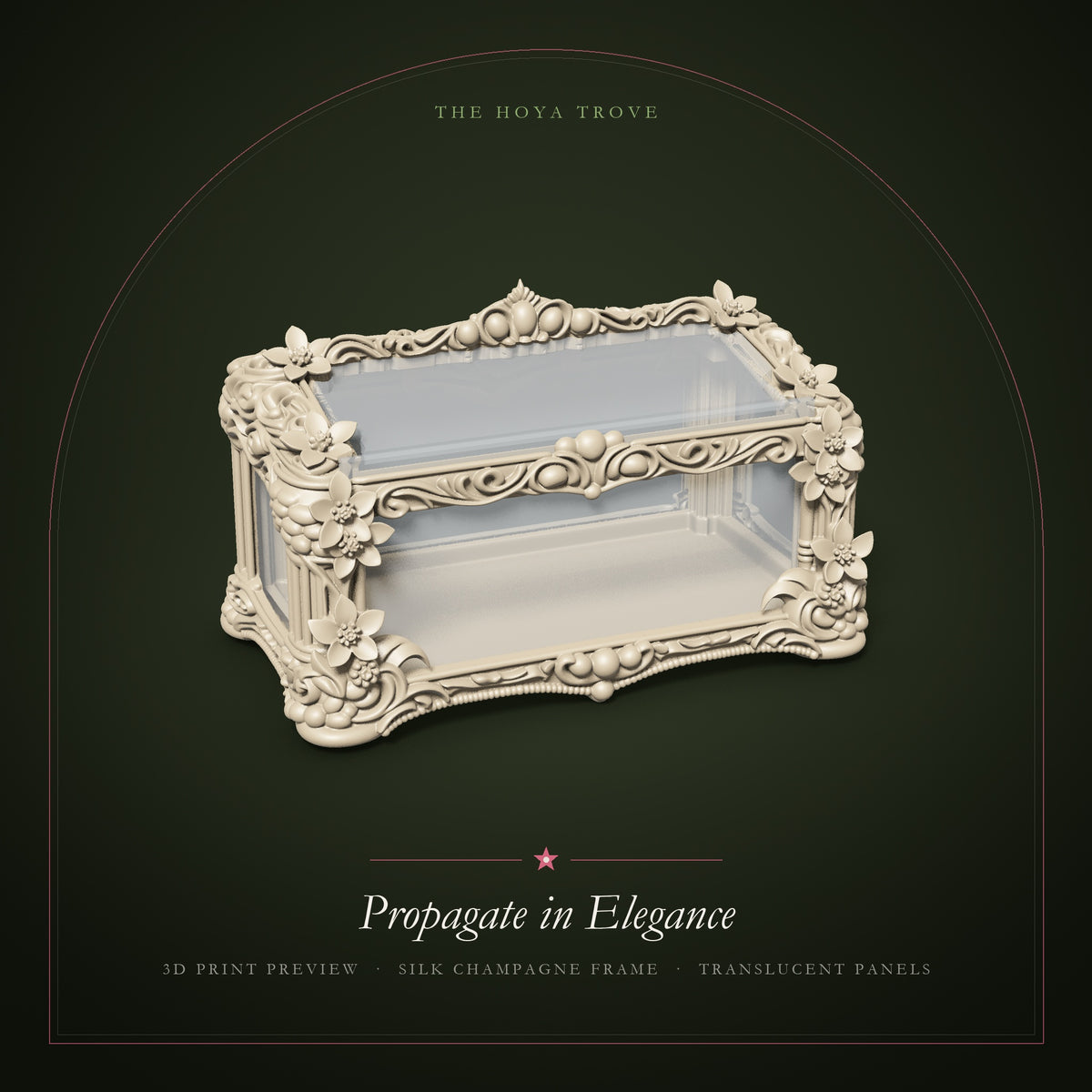 Propagate in Elegance - 3D print preview of the ornate propagation box: Silk Champagne frame with translucent panels