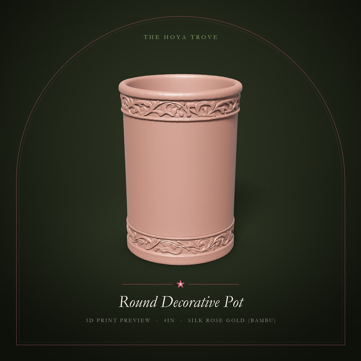 Round Decorative Pot - 3D print preview, shown in Silk Rose Gold (Bambu)