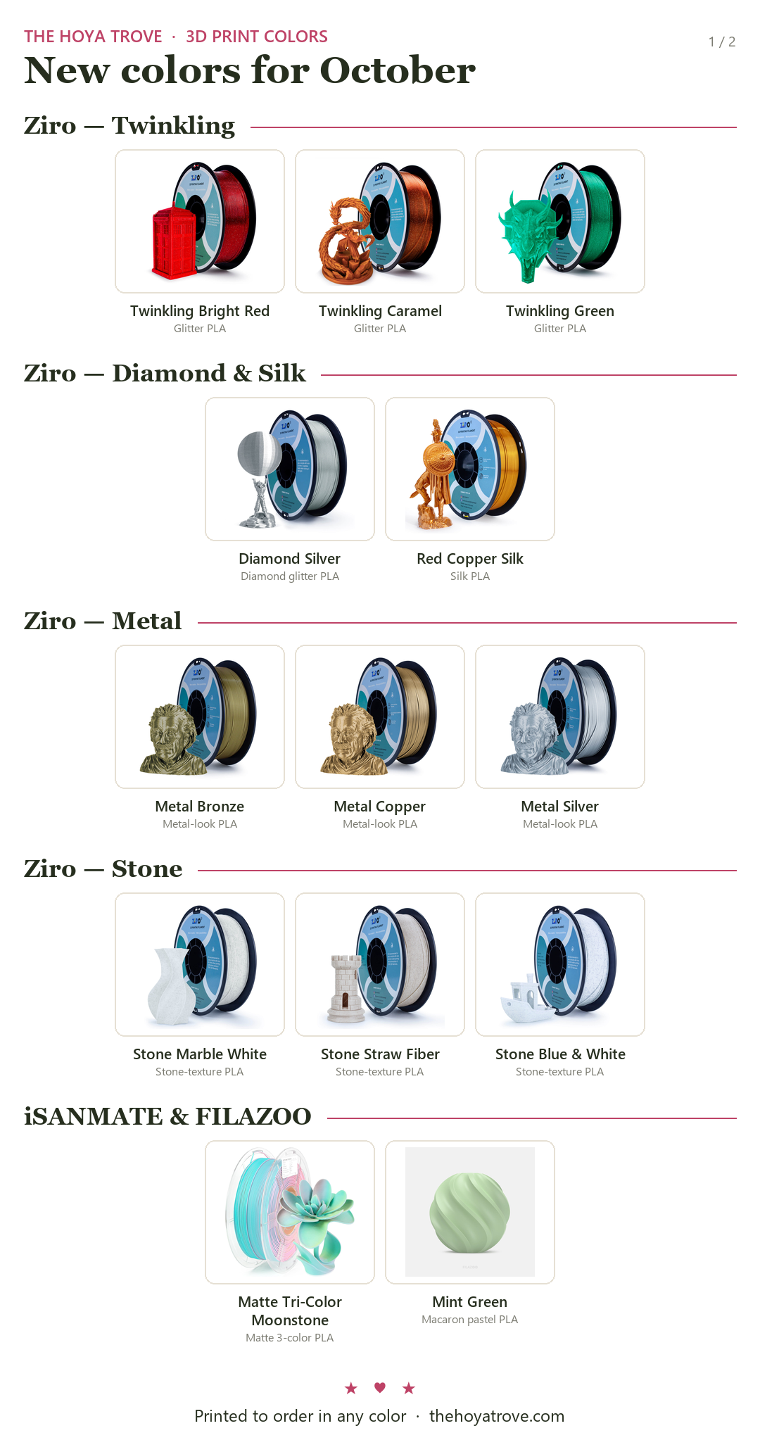 New filament colors for October 2026 (1 of 2): Ziro Twinkling, Diamond, Silk, Metal and Stone, iSANMATE Moonstone, FILAZOO Mint Green