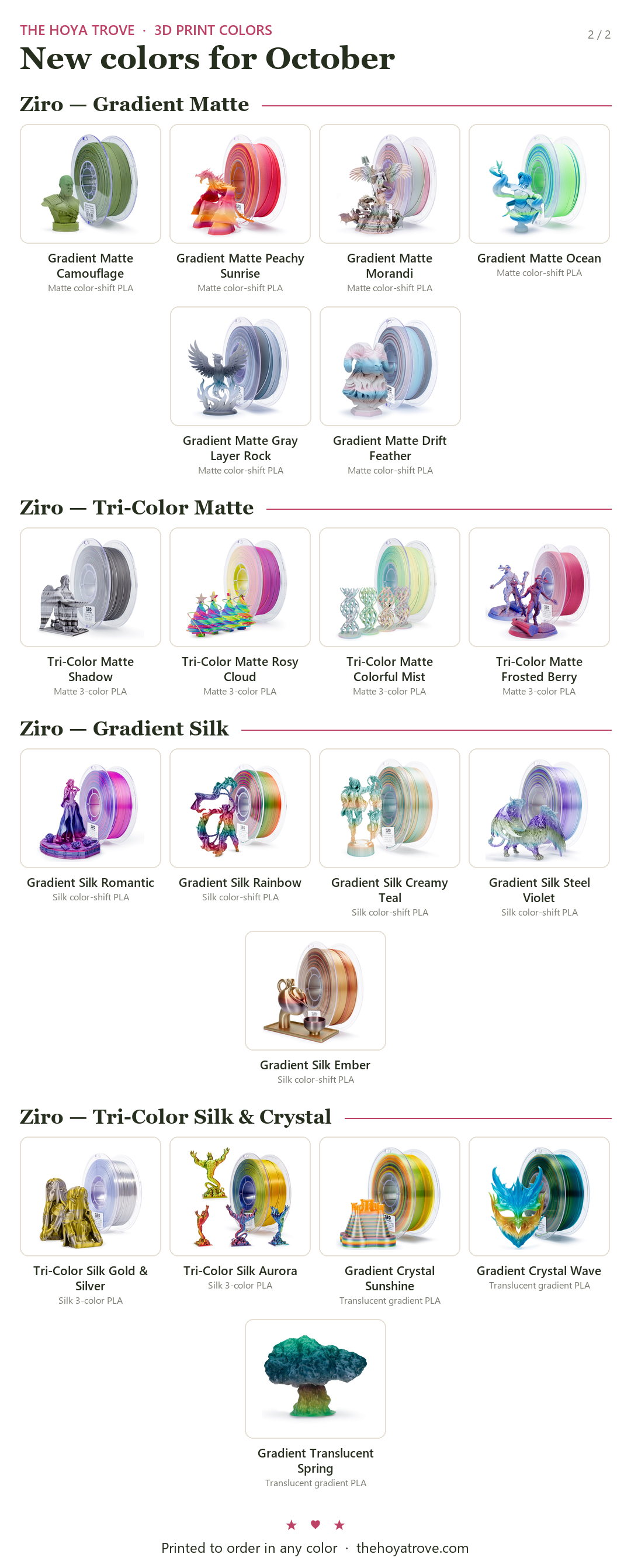 New filament colors for October 2026 (2 of 2): Ziro Gradient Matte, Tri-Color Matte, Gradient Silk, Tri-Color Silk and Crystal gradients